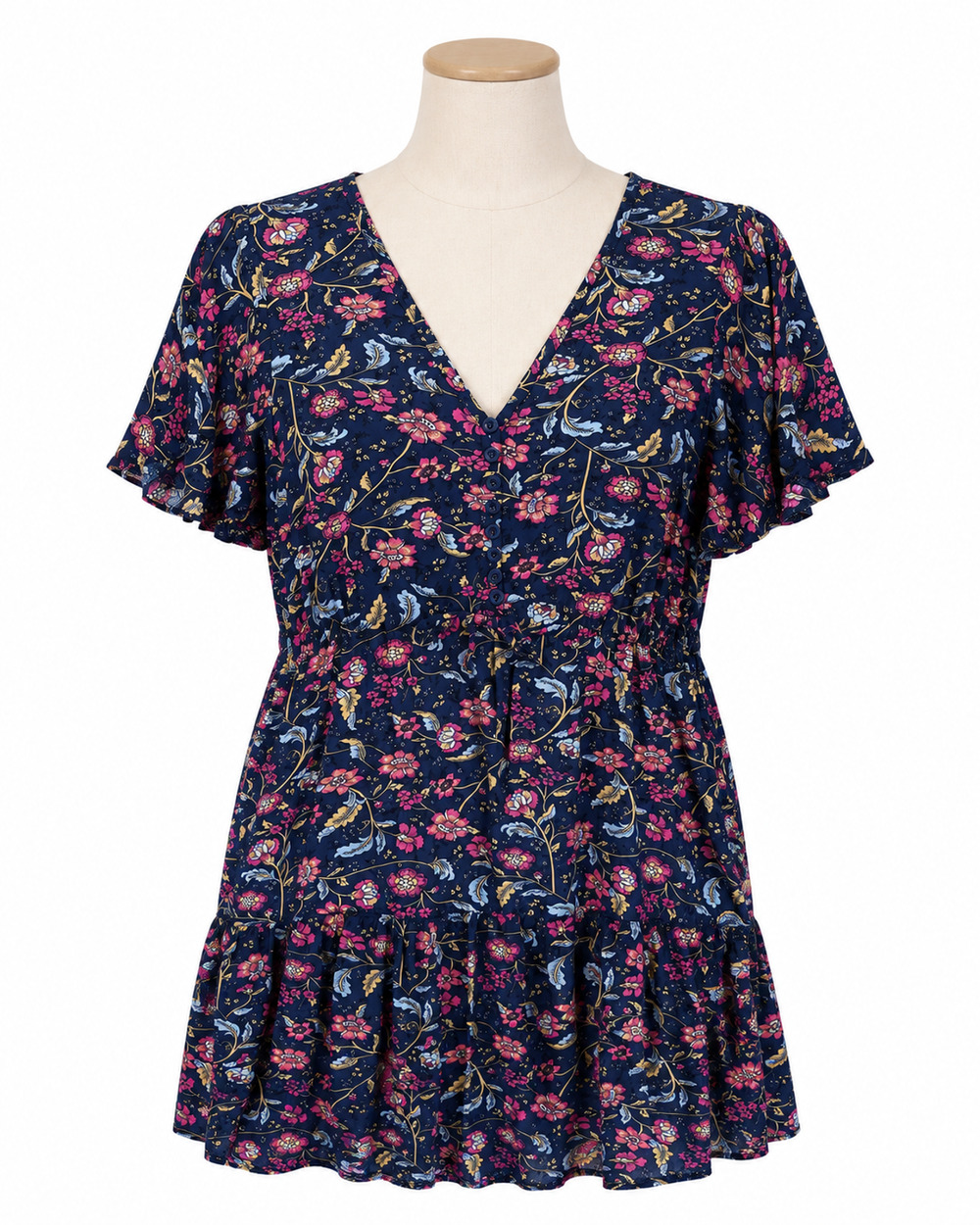 Vintage Women’s Floral Print Mini Dress Colorful Short Sleeve V-Neck Size Medium